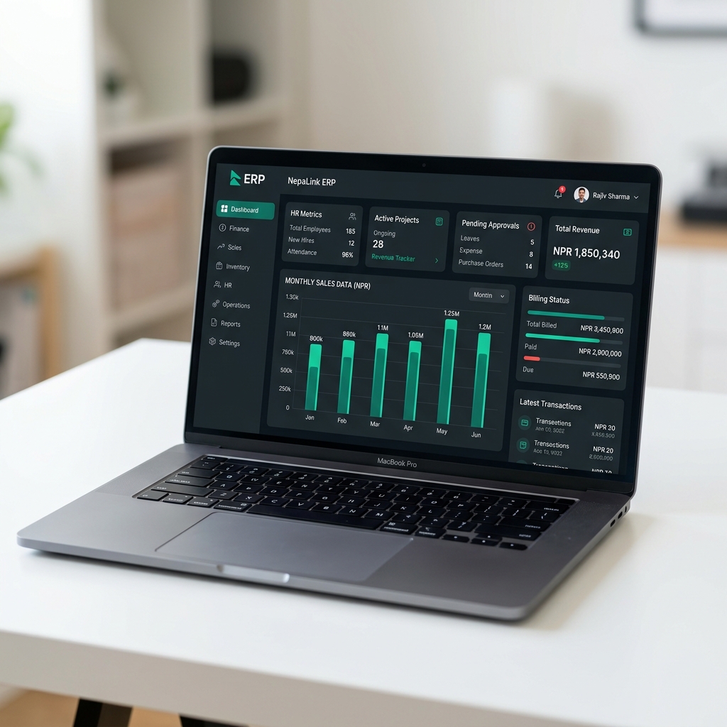 CoddyPro ERP dashboard on laptop — real-time sales, HR and inventory data